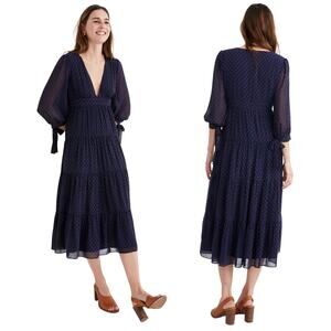 Madewell Dress Womens Size 4 Blue Pink Midi Tiered Dot Print A-Line Sheer Preppy